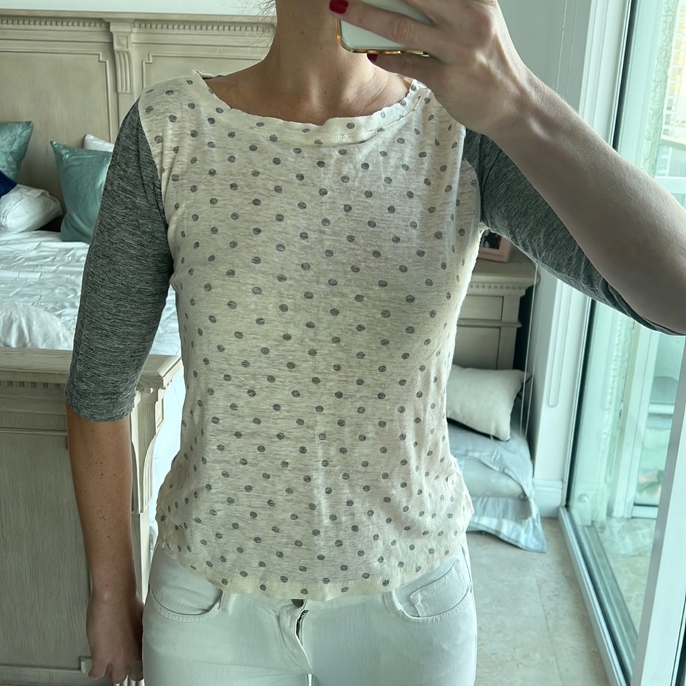 J. Crew size small cream and grey polka dot baseball fit tee 100% linen tee